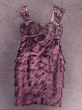 Embellished Mauve Mini Dress with Layered Ruffle Skirt